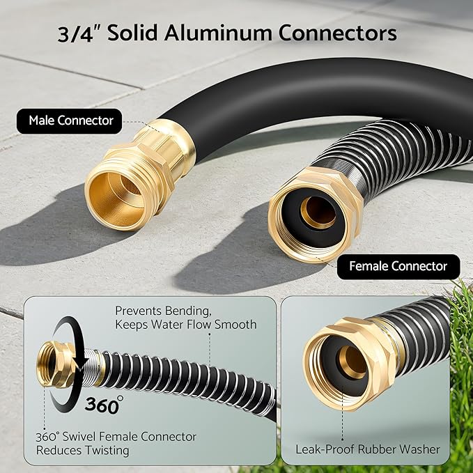 Heavy Duty Garden Hose 50 ft x 5/8", 5-Layer Hybrid Rubber Water Hose with 3/4" Swivel Brass Male to Female Fittings, 1000 PSI Burst, Leak-Proof & Weather Resistant for Lawn, Backyard, Black