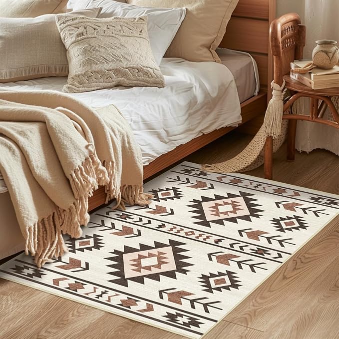Western Area Rug 4x6 for Living Room, Southwestern Aztec Tribal Area Rugs Southwest Navajo Machine Washable Rug Non-Slip Printed Low-Pile Floor Carpet for Bedroom Dining Room Office, Beige