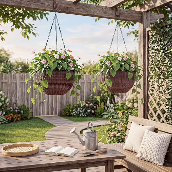 13.8 Inch Self Watering Hanging Planter, 4PCS Round Resin Hanging Basket for Indoor Outdoor Plants, Rattan Look Flower Pot with Drainage Plug, Deep Inner Pot and Sturdy Metal Triple-Chain Hanger