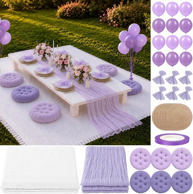 Cinrobiye Boho Picnic Party Set for Outdoor, Aesthetic Picnic Setup with Large Picnic Blanket, Floor Cushions, Table Runner, Napkins, Balloons for Wedding, Bridal Shower, Birthday(Purple)