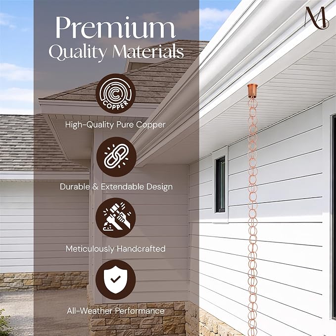 Monarch Rain Chains Pure Copper Ring Rain Chains for Gutters – 8.5 ft Decorative Rainchain Outdoor Durable Heavy Duty Gutter Chain Downspout Replacement, Modern Rainchains for Outside