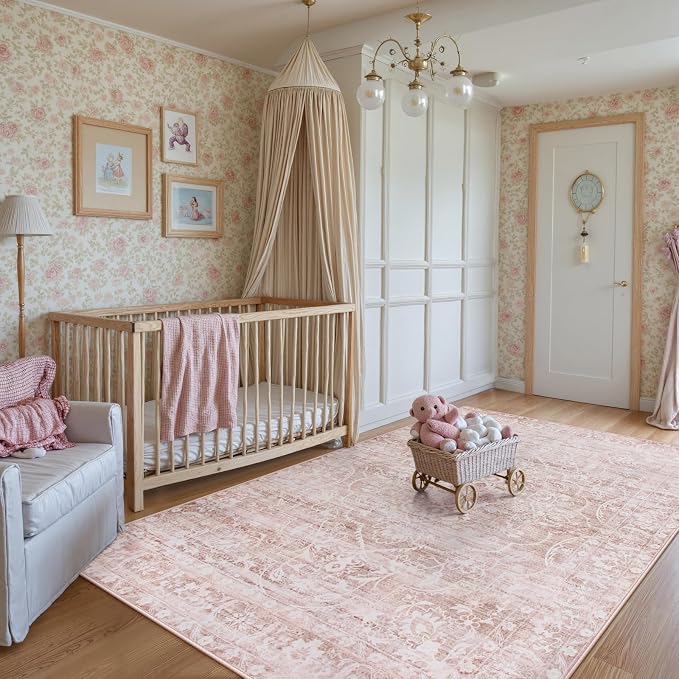Lahome Pink Rug 6x9 Area Rugs, Soft Washable Rugs for Girls Bedroom | Living Room Rug Non Slip Ultra Thin, Boho Playroom Farmhouse Stain Resistant Carpet for Office Aube (Pink, 6'X9')