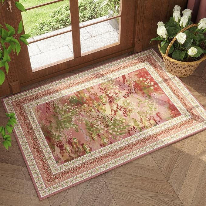 Rugcomf 2x3 Rug Impressionist-Style Vintage Indoor Door Mat Machine Washable Small Area Rug Non-Slip Low Pile Throw Rugs for Entryway Kitchen Front Door Indoor Entrance Entry Kids Room, Pink