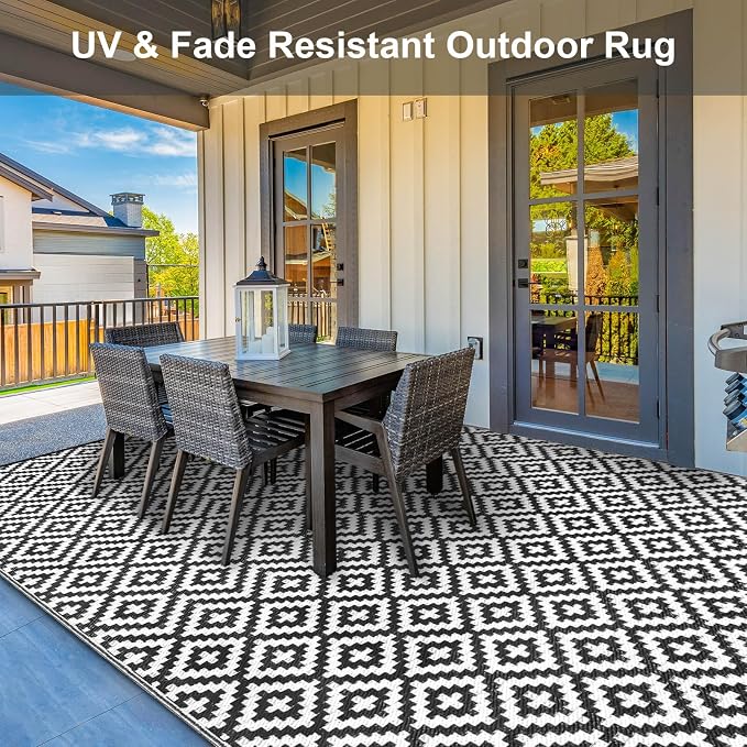 Outdoor Patio Plastic Straw Rug - 9x12 ft Outdoor Camping Rug Waterproof Reversible, Area Carpet Patios RV, Outside Porch Balcony Deck for Camper, Black & White
