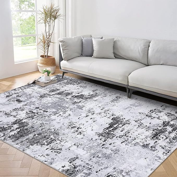 ROYHOME 5x7 Modern Abstract Area Rugs for Bedroom Living Room, Grey | Faux Wool Rug Ultra-Soft Low Pile Stain Resistant Machine Washable Carpet for Bedroom with Non Slip Backing