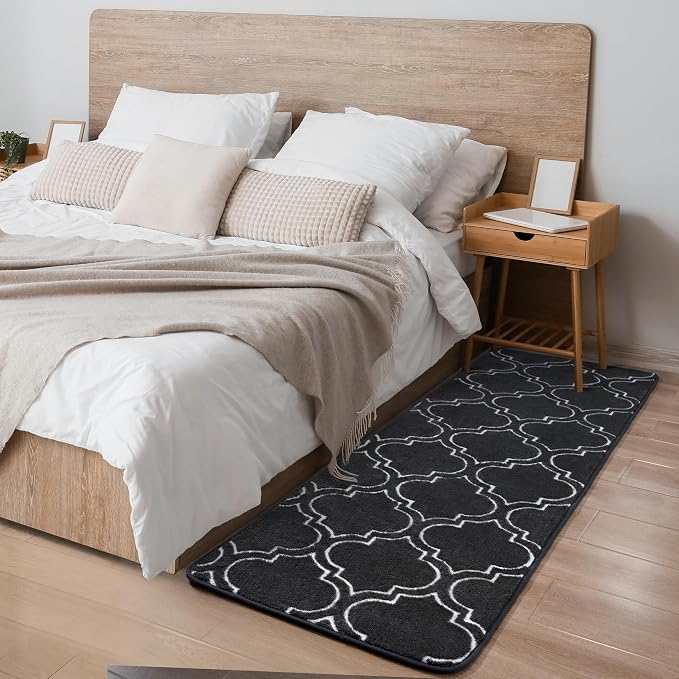 Chicrug 2x6 Shag Geometric Modern Runner Rug for Bedroom Hallway | Memory Foam Indoor Runner Carpet, Fluffy Rug for Living Room Bedside Room for Family, Dark Grey and White