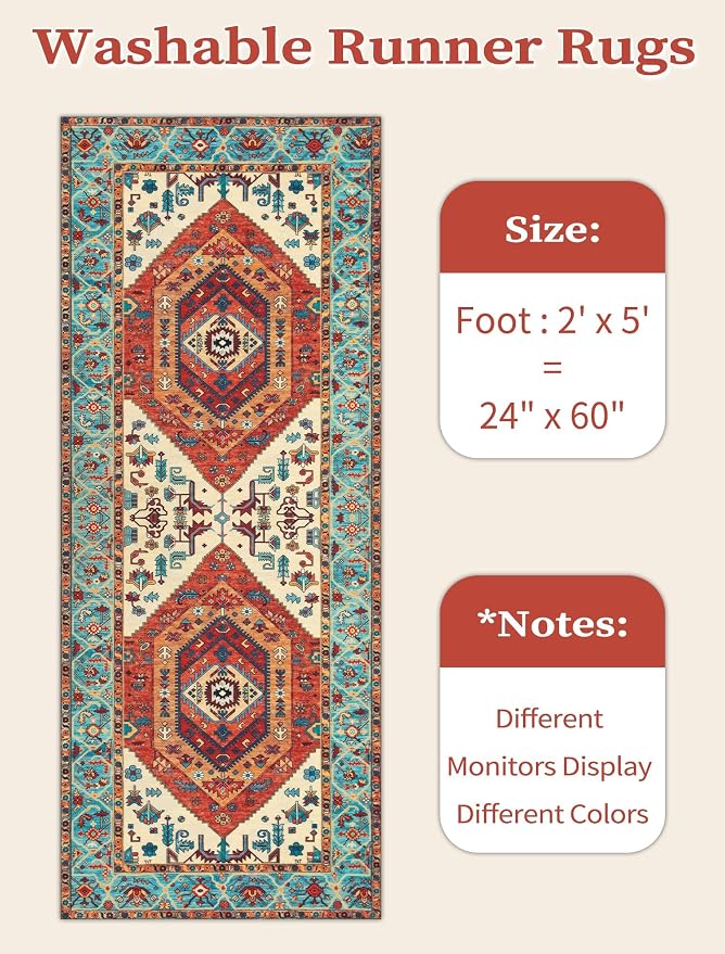 SERISSA 2x5 Washable Non Slip Boho Runner Rug for Hallway，Orange | Ultra Soft Vintage Oriental Carpet Low-Pile Distressed Tribal Floor Carpet for Kitchen Bedroom Bathroom Laundry Living Room