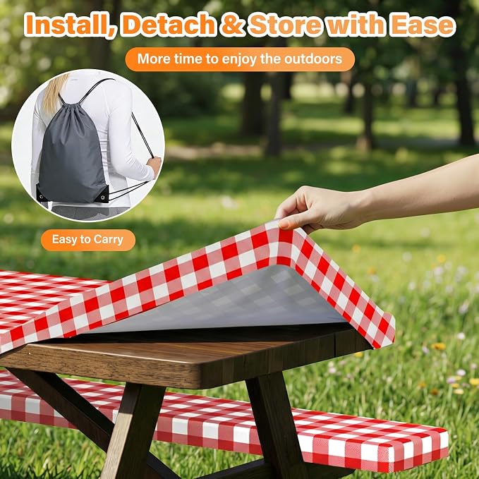 HappyTrends Fitted Picnic Table Cover with Bench Covers - 6FT Dual Layer Waterproof Camping Tablecloth with Windproof Elastic Edging & Bag, Washable RV Camping Essentials (96x30in, Red & White)