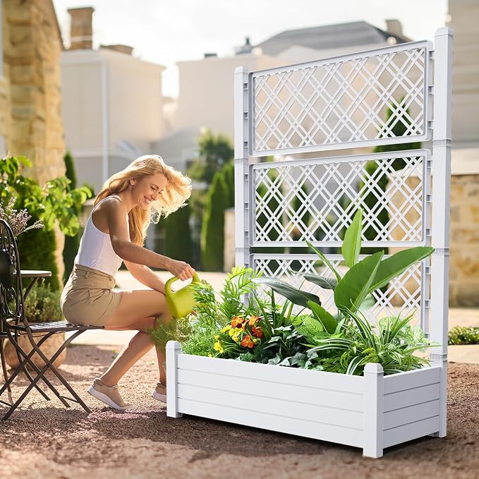 Vixzen 59" Tall Raised Garden Bed,Outdoor Large Resin Planter Box with Trellis and Drain Plug for Climbing Plants,Easy to Assemble,Water Monitor (Ashen, 43.43"×18.27"×59.29")