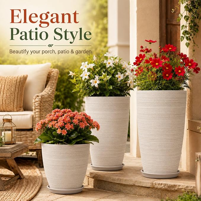 Neoaider Set of 3 Tall Planter, 24/21/12in Large Plastic Planter, OatColor | Ceramic-Look, Lightweight, Built-in Drain Hole, Saucers, Tall Outdoor Planter for Porch, Garden, Patio, Balcony