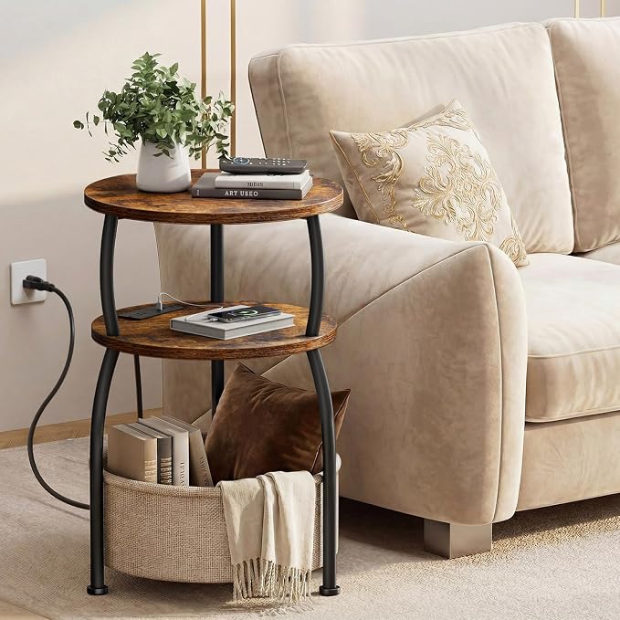Round Side Table with Charging Station, USB Type C Port, Brown | Small Table with Basket, 3 Tiers Sofa Couch Table, Bedside Table for Living Room Bedroom, Garden,Small Spaces, 15.75in