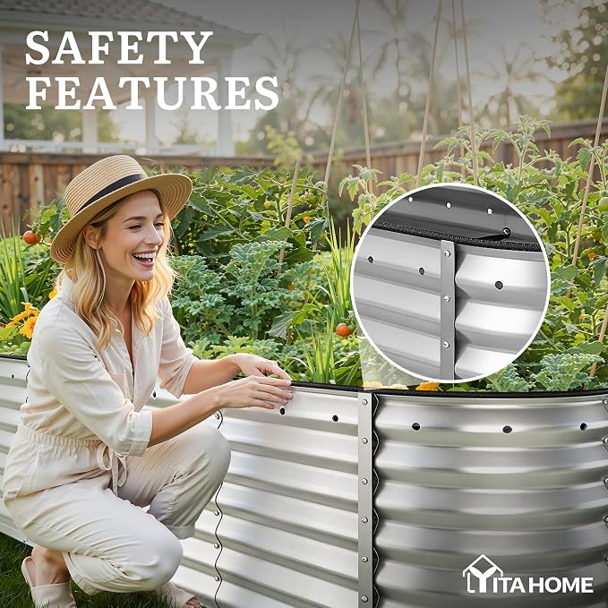 YITAHOME 8x2x2ft Galvanized Oval Raised Garden Bed, Metal Planter Box with Safety Rubber, Gloves, Outdoor Flower Bed for Planting Plants Vegetables, Silver