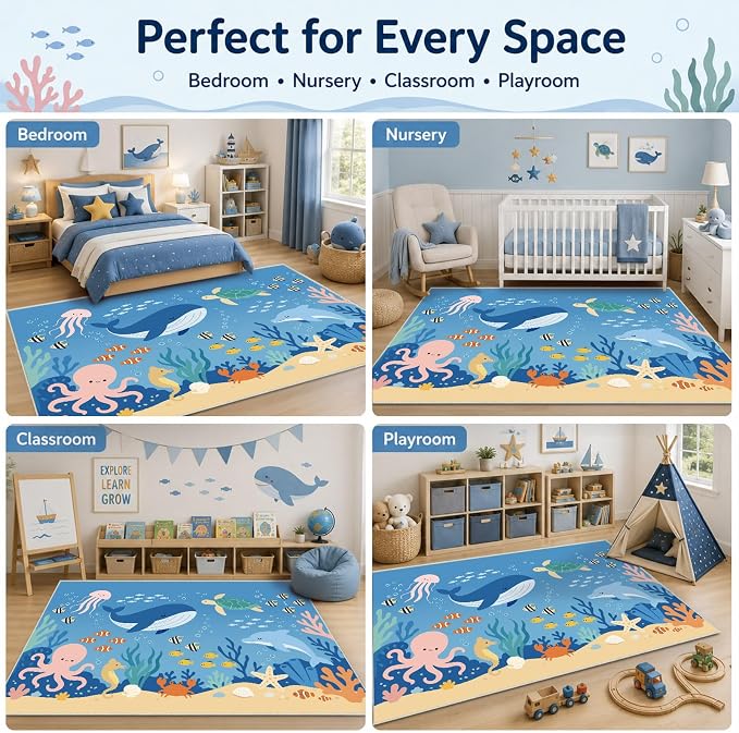 8x10 Ocean Area Rug for Kids Play Room Bedroom Beach Whale Fish Large Rug Machine Washable Non-Slip Carpet for Nursery Living Room Bedroom