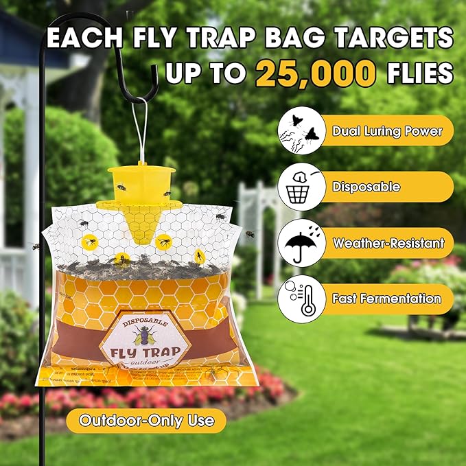 10 Pack Fly Traps Outdoor Hanging for Patio, Flies Bags Outdoor Disposable with 30g Bait, Bug Fly Hunter Catcher Killer Control for Barn Horse Ranch Chicken Coop