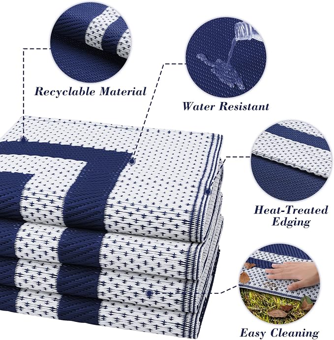 KMAT Outdoor Rug, Waterproof Reversible Patio Rugs, 6x9ft Large Outdoor Area Rug Foldable Plastic Camping Rugs for Outside RV, Patio,Picnic,Camper,Balcony,Porch (Blue &White)