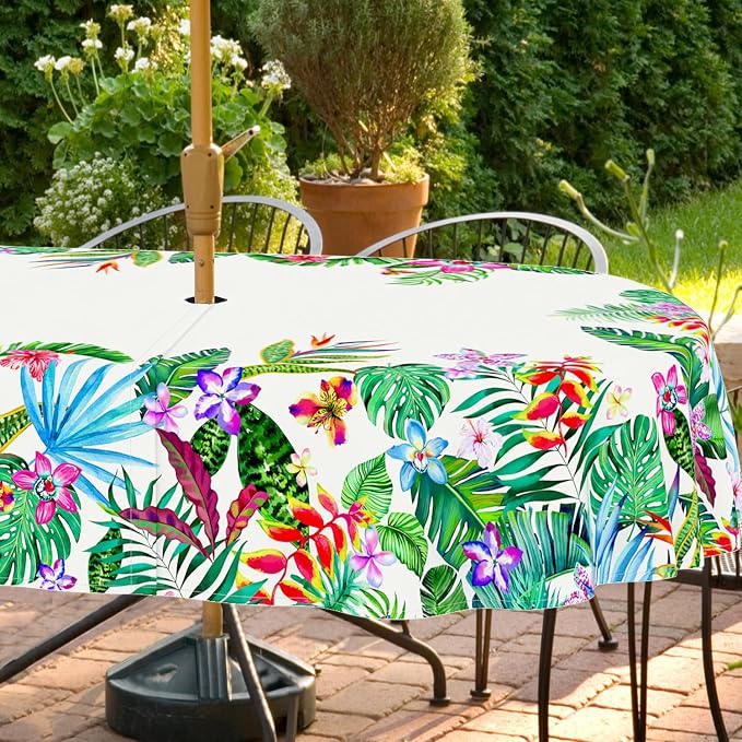 Outdoor Tablecloth with Umbrella Hole and Zipper, Oval Patio Table Covers for Spring/Summer, Machine Washable Outdoor Picnic Table Cloth (Tropical, 60" × 84" Oval)