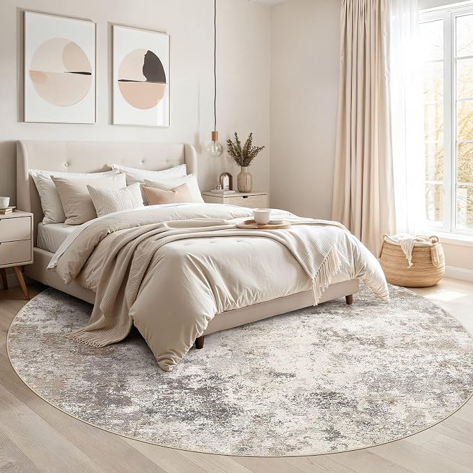 UERMEI 8ft Round Area Rug Living Room Rugs - 8x8 Washable Neutral Modern Abstract Soft Thin Rug Indoor Floor No Slip Rug Carpet for Bedroom Under Dining Table Home Office Decor - Brown Grey