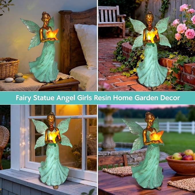 Solar Fairy Garden Statue Decor - 10 Inch Angel Girls Resin Figurine Waterproof Home Decoration with Hummingbird LED Lights for Bedroom Balcony Table Yard Patio, Gifts for Women Mom Birthday