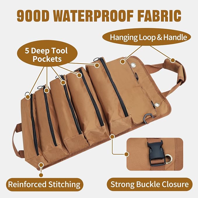 Portable Foldable Roll Up Tool Bag, Heavy Duty Tool Organizer Bag with 5 Compartments & 2 Detachable Pouches for Tools Storage, Waterproof Tool Roll Bag for Dad Men Electrician Gifts
