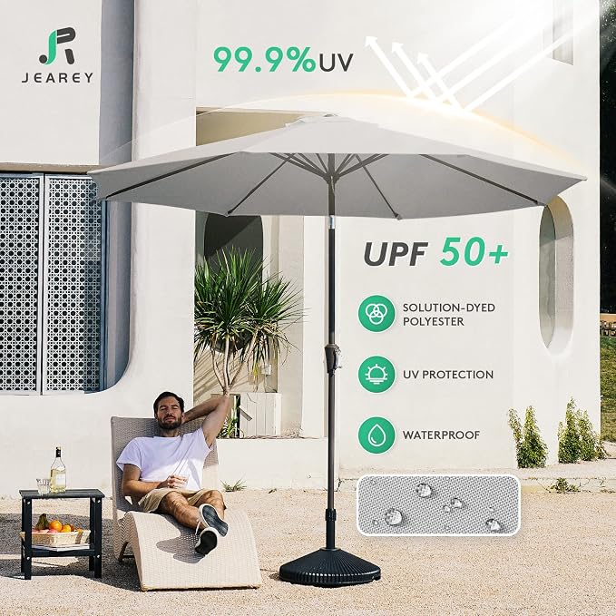 JEAREY 9FT Outdoor Patio Umbrella Outdoor Table Umbrella with Push Button Tilt and Crank, Market Umbrella 8 Sturdy Ribs UV Protection Waterproof for Garden, Deck, Backyard, Pool (Light Gray)