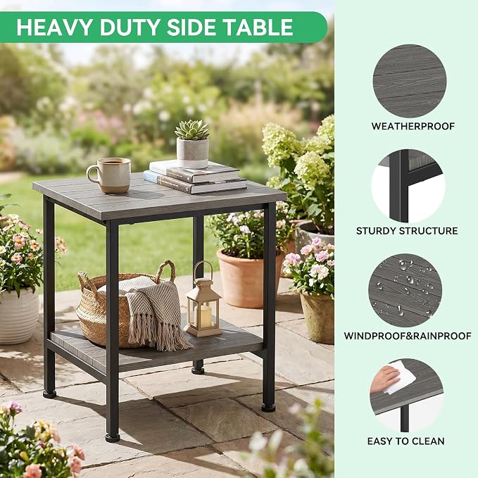 Outdoor Side Table Patio Table Small with Storage, Grey | 2-Tier Outdoor End Table, Weather Resistant, Easy Maintenance, for Patio, Pool, Beach, Porch, Deck, Indoor or Outdoor