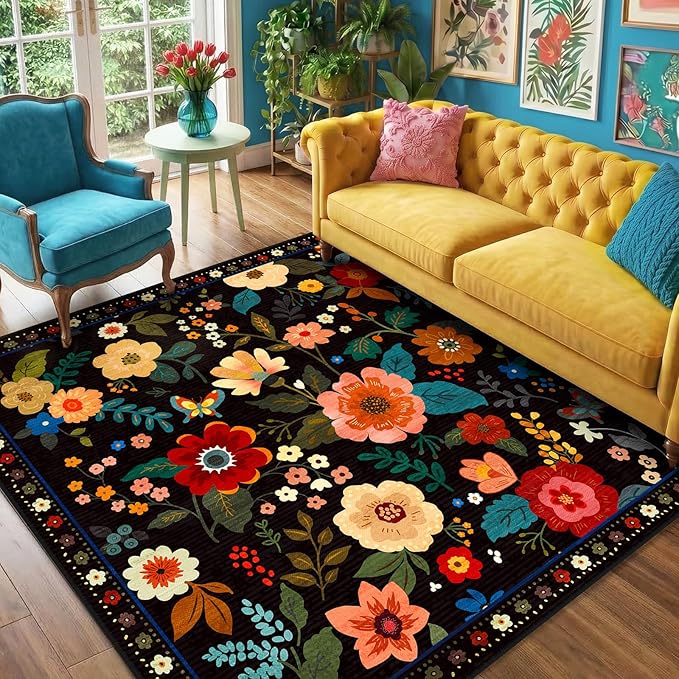 RELEANY Floral Washable Square 6ft Area Rug Black | Flower Carpet, Print, Boho, Non-Slip, Easy to Clean, Soft, Low Pile for Living Room Bedroom Kitchen Office Entryway Hallway