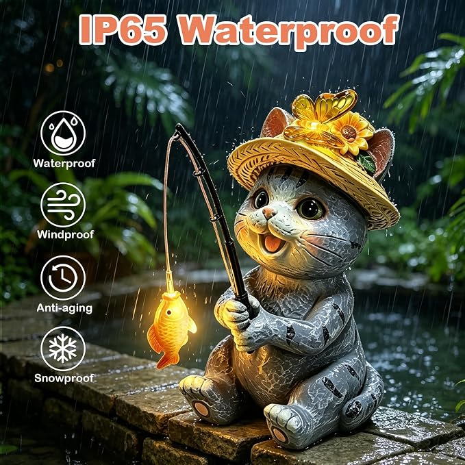 Solar Garden Outdoor Cat Statues with Butterfly, Fishing Cat Figurine Solar Lights Waterproof, Housewarming Birthday Gifts for Cat Lovers Mom Women, Lawn Home Decor for Patio Balcony Yard Ornaments