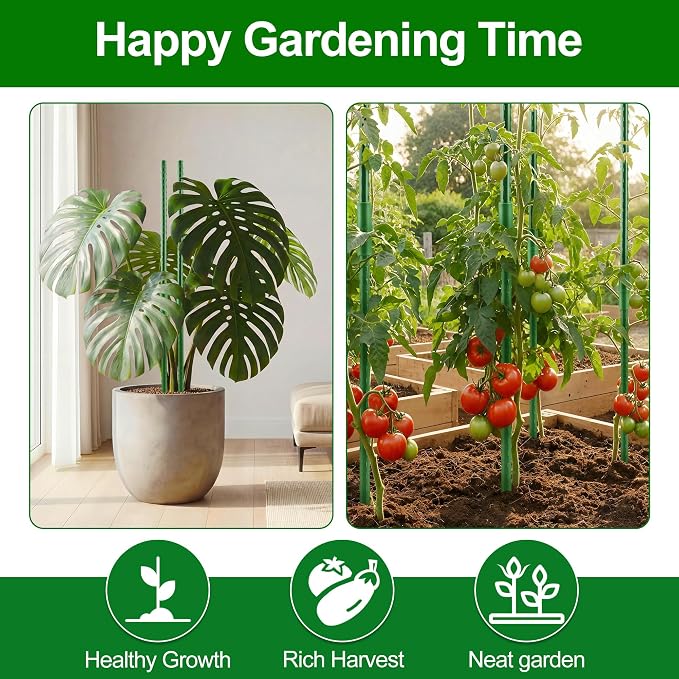 WAENLIR Garden Stakes16 Inch 24 Pack, Tomato cage DIY 4ft 5ft 6ft 7ft 8ft Plant Support Stakes with Connectors and Clips, Plastic Coated Metal Sticks for Tomato Indoor Outdoor
