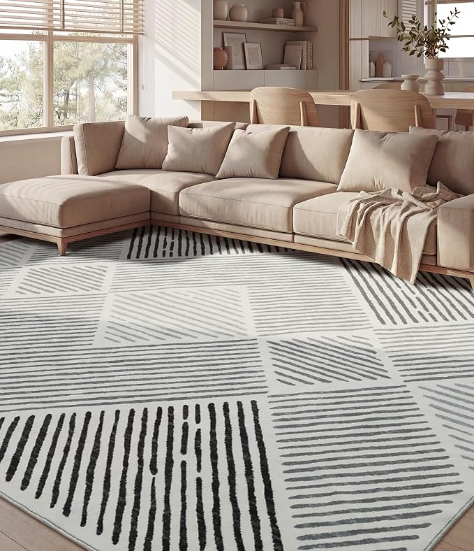 8‘x10' Washable Black and White Modern Area Rug for Living Room | Non-Slip, Low Pile, Stain Resistant, Black Geometric Stripe Large Rug for Bedroom Dining Room