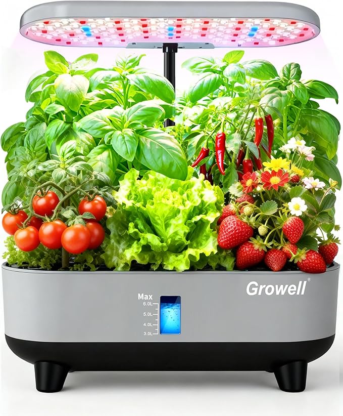 Growell 16 Pods Hydroponics Growing System Kit with 3 Light Modes & 2 Timer | Smart Water Circulation, LED Grow Light, 8L Large Water Tank, Coutertop, Indoor Herb Garden, Perfect Gardening Gifts, Gray