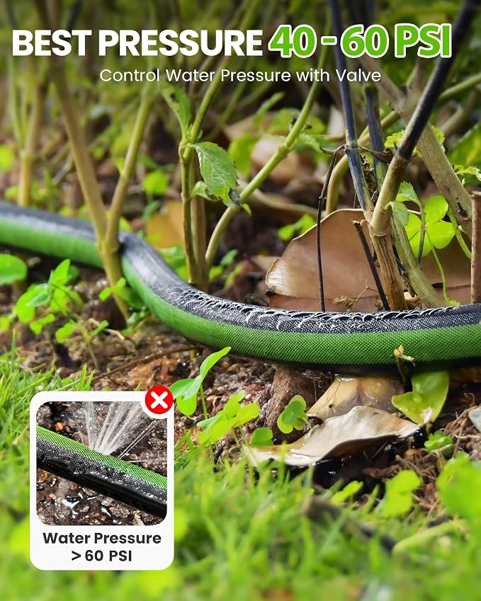 RAINPOINT 50FT Flat Soaker Hose, Flexible & Leakproof Drip Hose with Anodized Aluminum Fittings, Double Layer 80% Water-Saving Gardening Irrigation Hose, Green