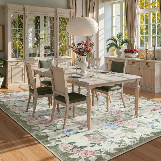 Lahome Cream and Green Vintage Floral 8x10 Rug for Living Room | Large Boho Area Rug Machine Washable, Low Pile Bedroom Rug for Office, Playroom, Dining Room, Nina