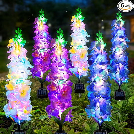 MRHEPHAESTUS Solar Garden Lights, 6 Pack 20 LEDs Solar Delphinium Flowers Lights Gifts for Mom Grandma Women, Waterproof Solar Outdoor Lights Two Lighting Modes for Wedding Garden Yard Patio Decor