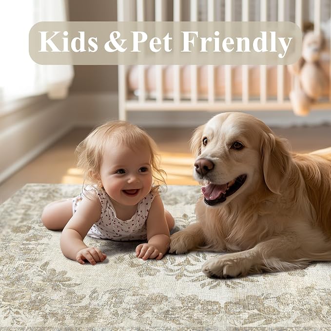 9x12 Washable Area Rug Living Room Cream Beige Vintage Carpet | Soft Low Pile, Non Slip, Stain Resistant, Floral Medallion, Neutral Retro Decor for Bedroom, Dining Room, Kids Room, Office