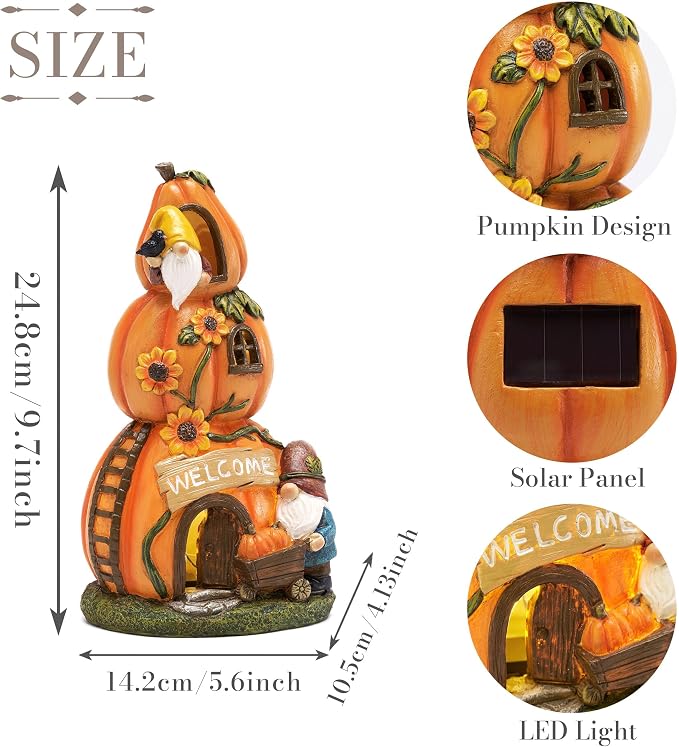 TERESA'S COLLECTIONS Fall Decor, Pumpkin Decor, Orange Pumpkin Fairy House and Gnomes Santa with Solar Lights, Waterproof Resin Outdoor Fall Decor, Fall Gifts Outdoor/Indoor, 9.7"