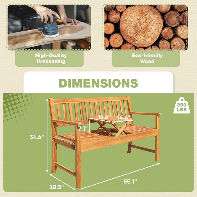 Greesum Outdoor Bench 2-Person Acacia Garden Chair Patio Porch Furniture with Foldable Small Table Plate for Deck, Yard, Balcony, Natural