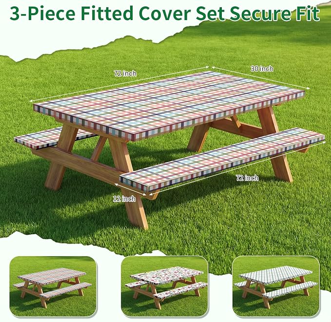 Picnic Table and Bench Cover, Camping Essentials RV Gear, 72in Waterproof Windproof Outdoor Elastic All Around Tablecloth