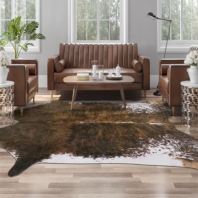 AROGAN 8x10 Faux Cowhide Rug, Cow Print Large Animal Hide Rug Saddle Brown | Premium Cow Hide Carpet, Western Rug for Bedroom Living Room Decor, Durable Faux Cow Skin Cowhide Area Rug