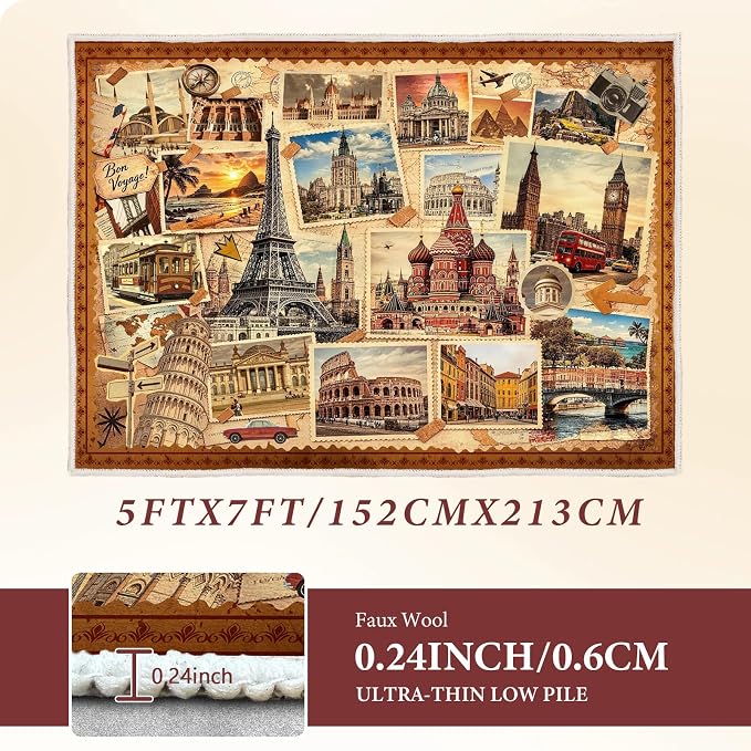 Vintage World Landmark Stamp Collage Area Rug, 5x7ft Retro European Travel City Print Washable TPE Backing Non-Slip Rug, Travel Themed Decor Floor Mat for Living Room Bedroom Office Home Decor