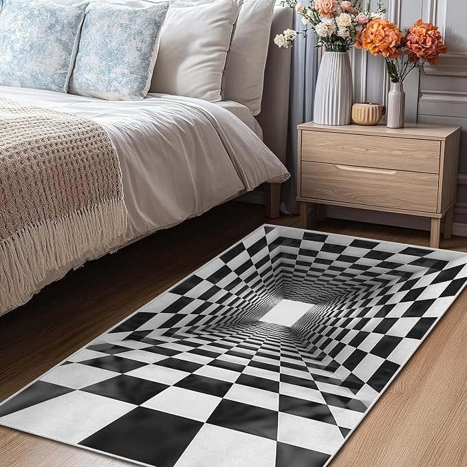 Boho Area Rug for Living Room Abstract 3x5 Entryway Rug Modern 3D Hole Trap Optical Visual Illusion Rugs Non Slip Low Pile Machine Washable Black White Floor Carpet for Indoor Bedroom Dining Room
