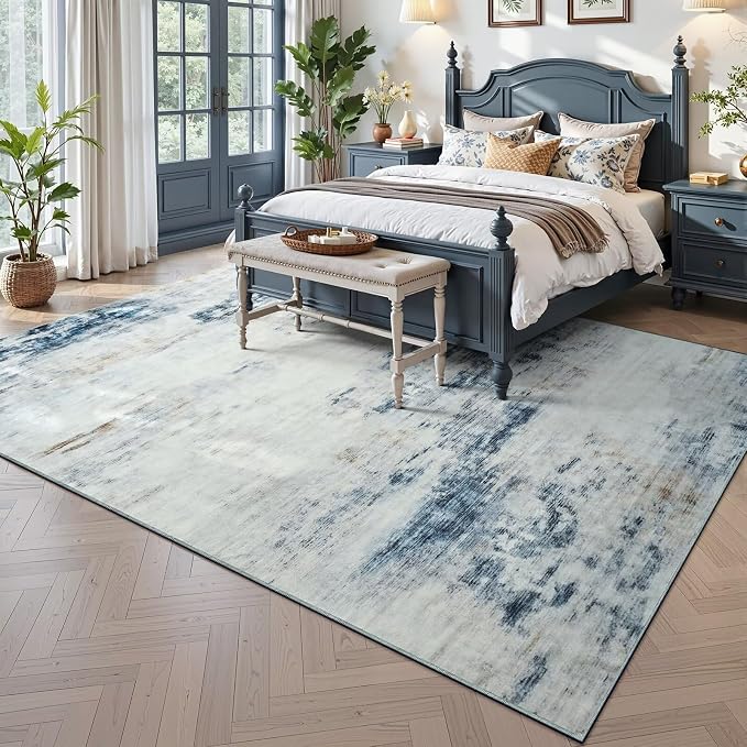 Toneed Washable 8x10 Area Rug with Non-Slip Backing for Living Room | Abstract Modern Rugs, Soft Low Pile Carpet for Bedroom Kitchen Dining Room Nursery Indoor Floor Office Home Decor, Blue/White