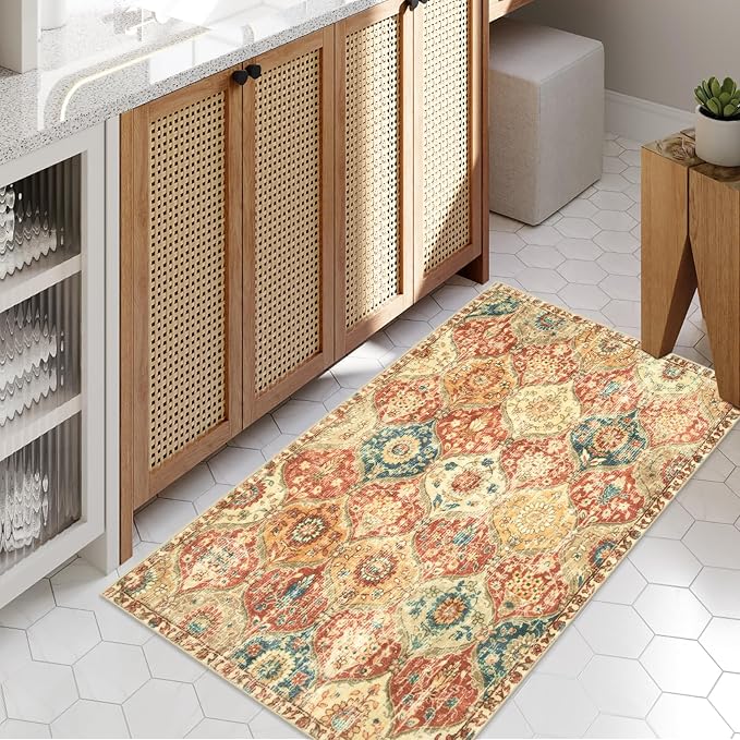 Lahome Kitchen Rugs Non Slip Washable Rugs for Entryway, 2x4 Rug Non-Slip | Moroccan Trellis Ultra-Thin Indoor Door Mat Small Carpet for Bathroom Bedroom Entry Elise, Red/Orange