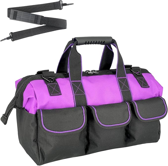16-inch for women purple Tool Bag Non-slip feet adjustable shoulder strap 14 functional insert pockets,large capacity Men's heavy-duty toolbox,for electricians, carpentry,gardening (Purple)