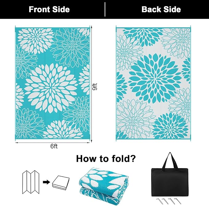 Ileading Waterproof Outdoor Rug 6x9, Reversible Plastic Straw Patio Rug, Portable Indoor Outdoor RV Camping Mat Carpet for Deck, Porch, Balcony, Backyard, Picnic, Floral Teal
