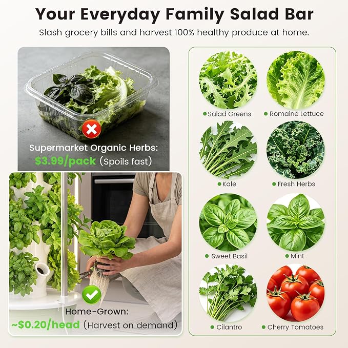 BAOSHISHAN Hydroponic Growing Tower with LED Grow Light, 7 Tiers 28 Pods | Full Spectrum Vertical Hydroponics Growing System, with 30L Water Tank, Beginner-Friendly, Ideal for Lettuce Herbs Vegetables