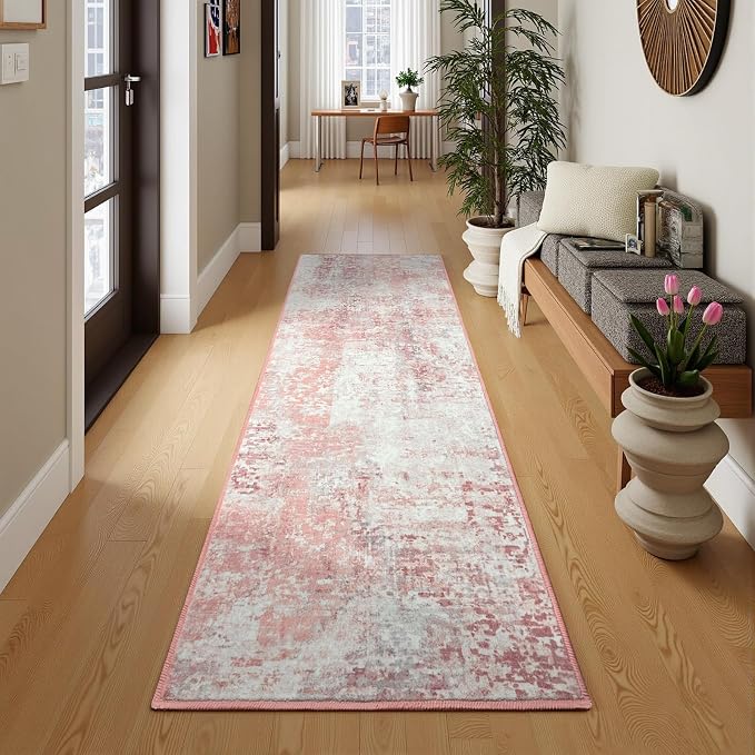 Pink Washable Runner Rug for Bedroom, Abstract Non-Slip Soft Entryway Rugs, Modern Low Pile Stain Resistant 2x6 Carpet for Entryway, Kitchen, Hallway, Bedside