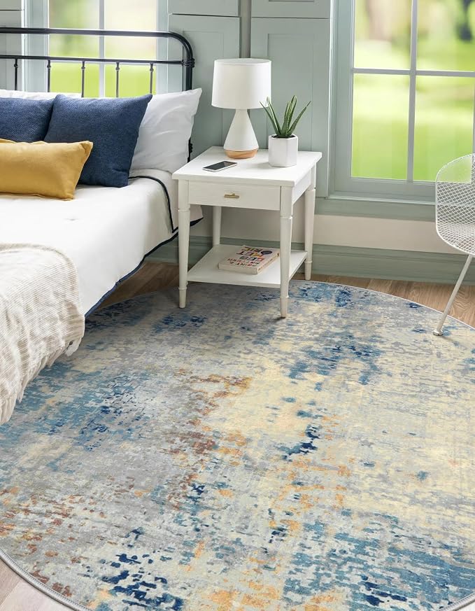 Lahome Modern Abstract Round Rug - 6Ft Large Blue Living Room Rug Washable 6x6 Circle Rugs for Bedroom Dining Room, Contemporary Indoor Office Carpet for Entryway Kitchen Table Home Nursery