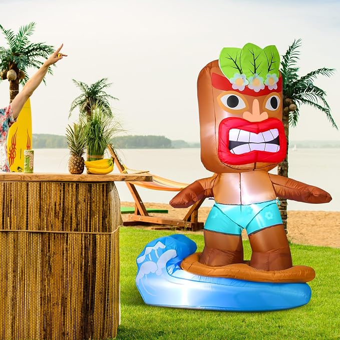 Shappy 5 Ft Inflatable Surfboard Lighted Blow up Tiki Hawaiian Party Decor | Luau Tropical Inflatables Giant Outdoor LED Tiki Blow up Aloha Bar Beach Summer Pool Surfing Party Decorations