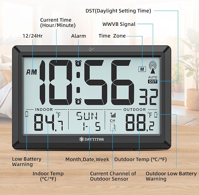 Atomic Clock Wall with Indoor/Outdoor Temp, Battery Operated Digital Wall Clock with 10.5" Large LCD Display, 330ft Range Desk Table Clock with Alarm, DST, Calendar for Living Room Bedrooms, Black