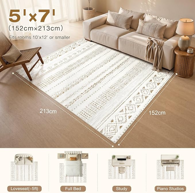 cotiled Boho 5x7 Area Rugs for Living Room: Soft Moroccan Washable Rug | Solve Modern Neutral Trendy Home Decor - Stain Resistan Carpet for Bedroom Farmhouse Dining Room Brown Cream